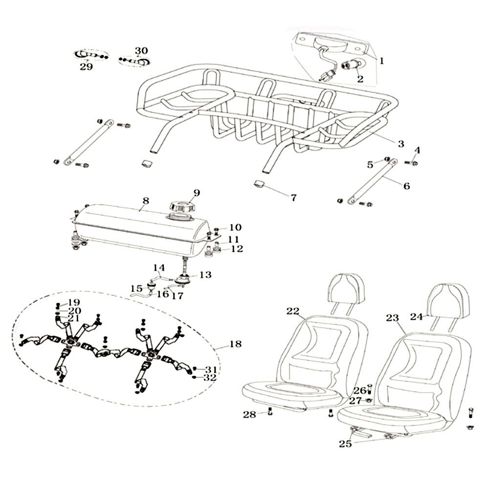 REAR RACK, SEATS, FUEL TANK