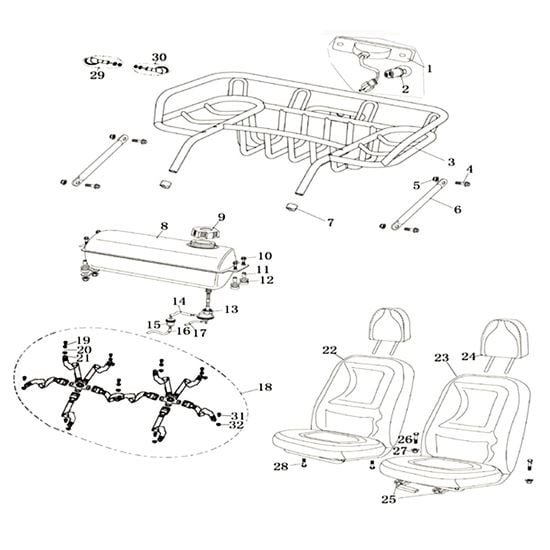 REAR RACK, SEATS, FUEL TANK